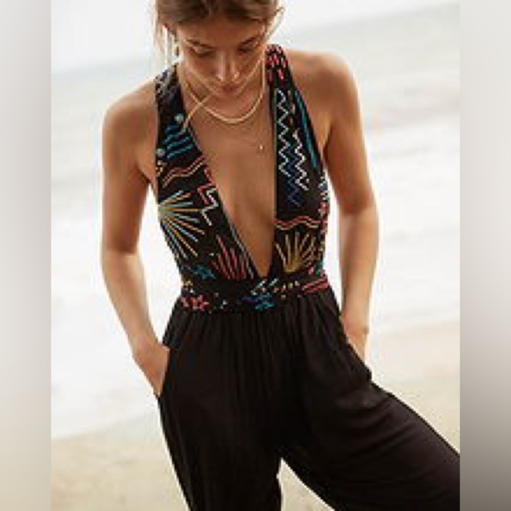 Agua Bendita Black Jumpsuit with Multicolor Embroidered V-Neck